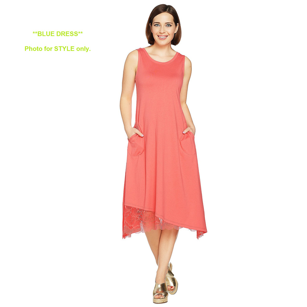 LOGO by Lori Goldstein | BLUE Cotton Modal Knit Sleeveless Dress with Lace Hem